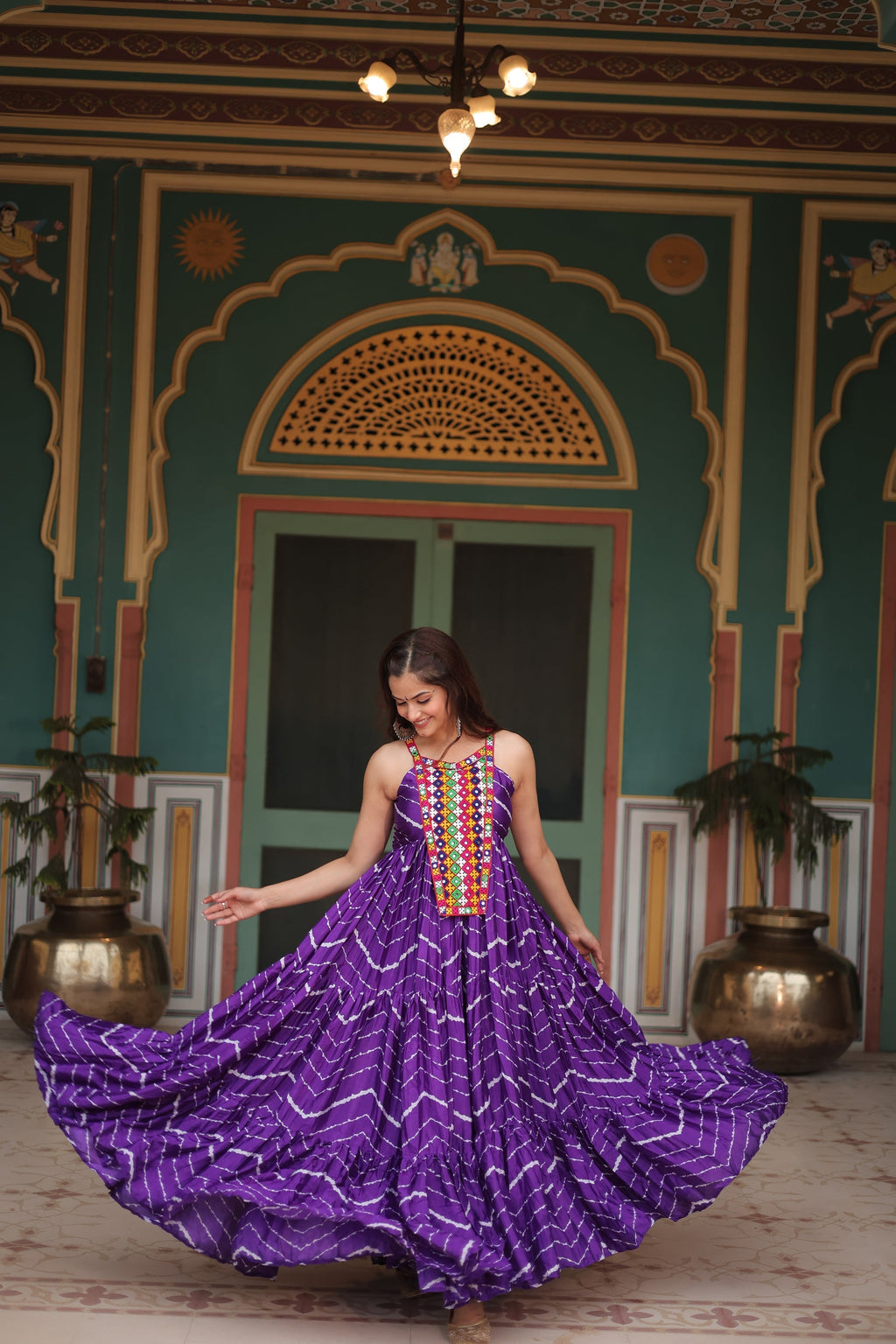 Purple leheriya print chinon Vandana designer sleeveless gown