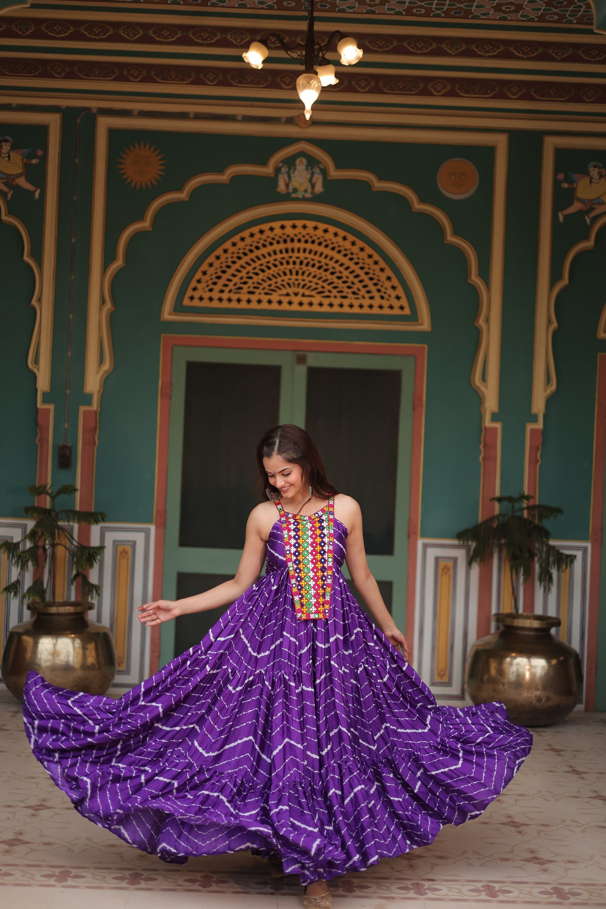 Purple leheriya print chinon Vandana designer sleeveless gown