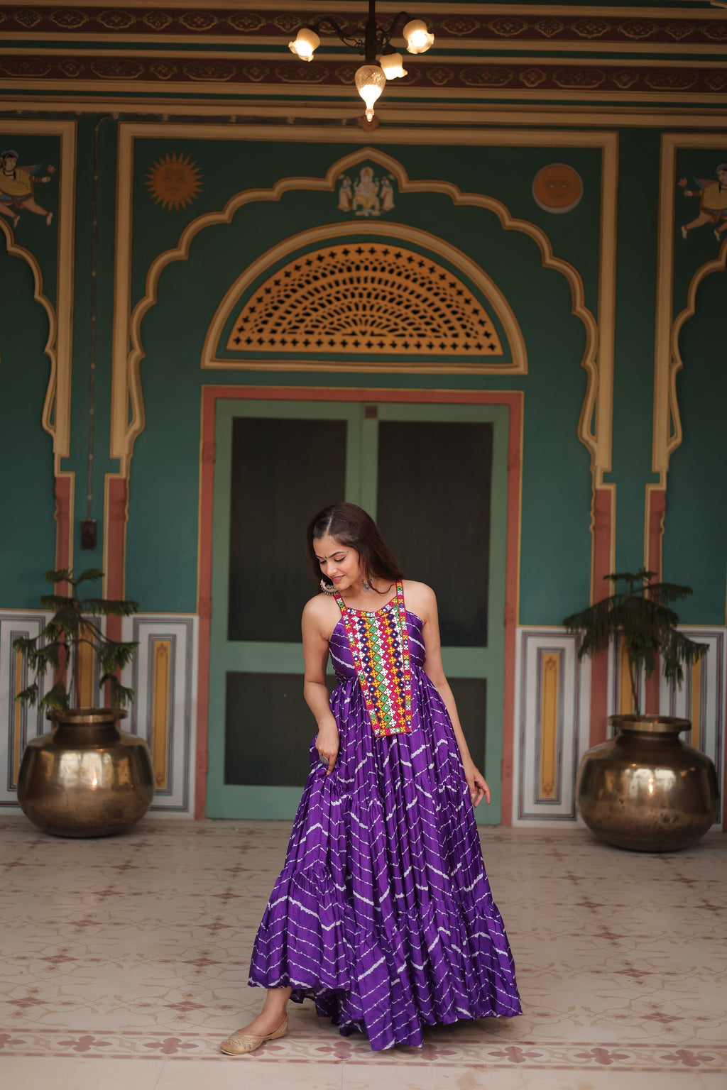 Purple leheriya print chinon Vandana designer sleeveless gown