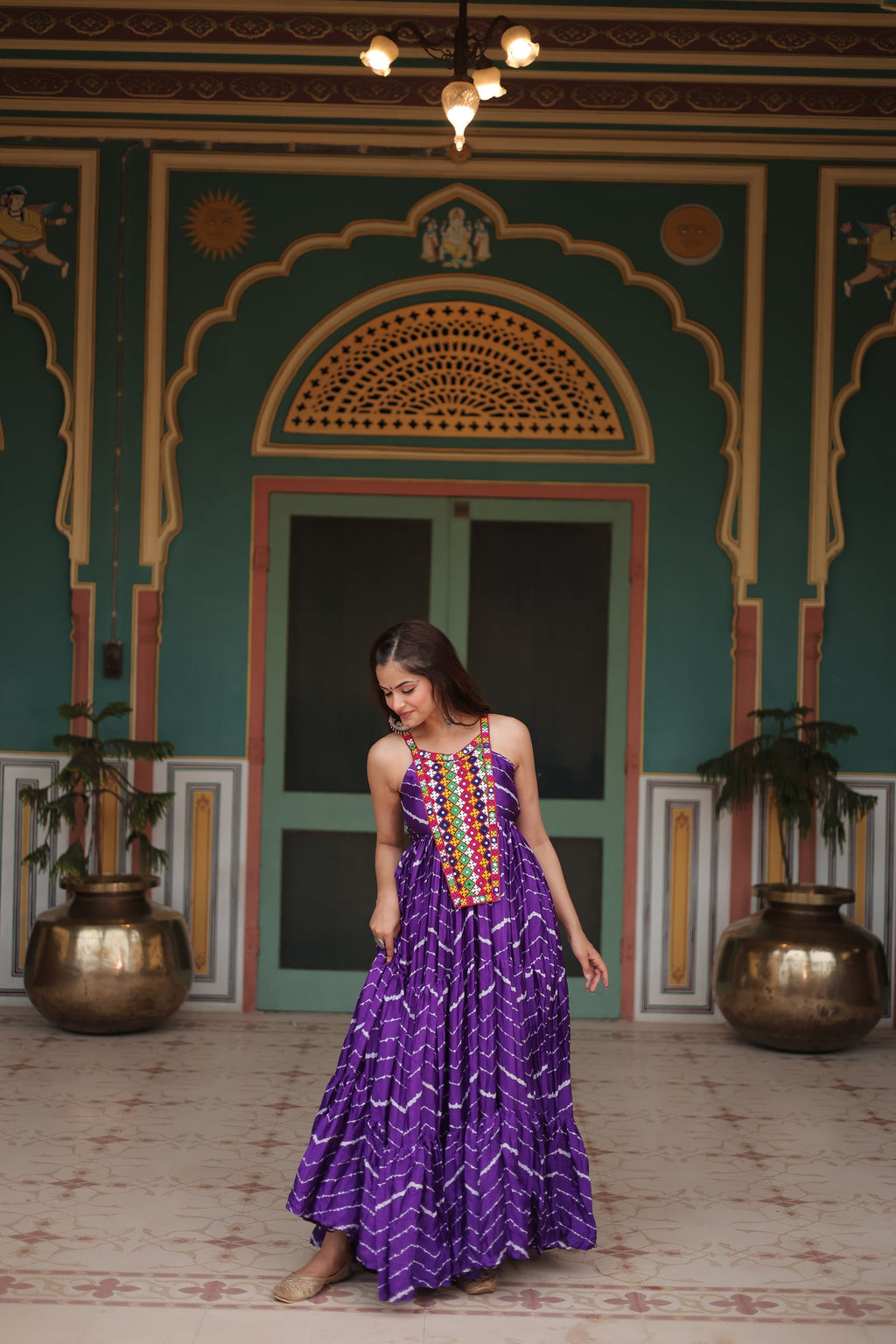 Purple leheriya print chinon Vandana designer sleeveless gown