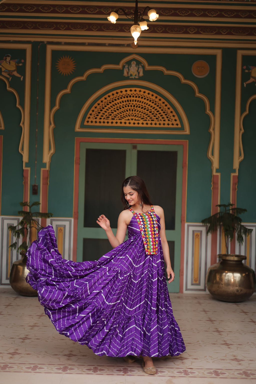 Purple leheriya print chinon Vandana designer sleeveless gown