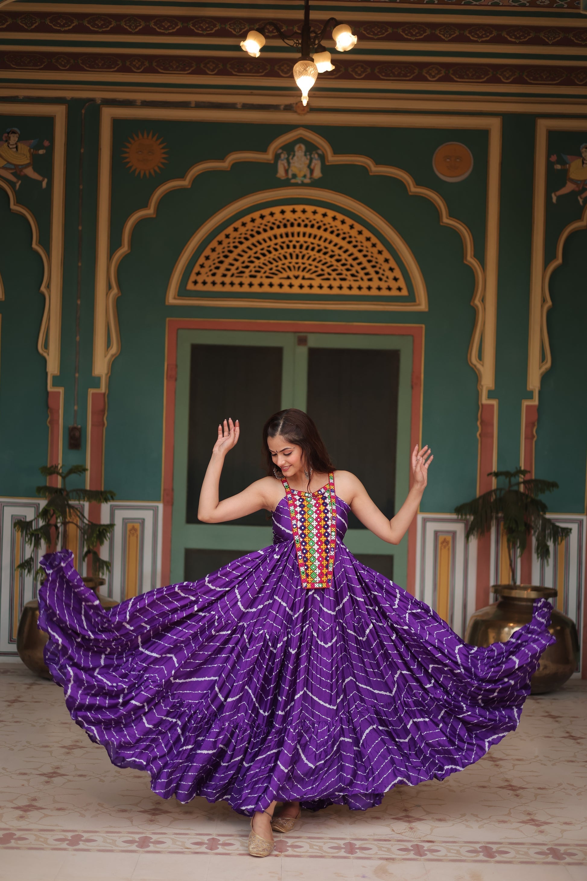 Purple leheriya print chinon Vandana designer sleeveless gown