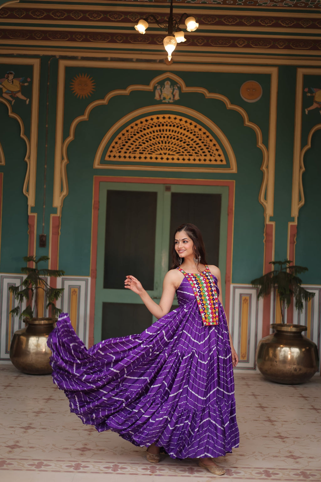 Purple leheriya print chinon Vandana designer sleeveless gown
