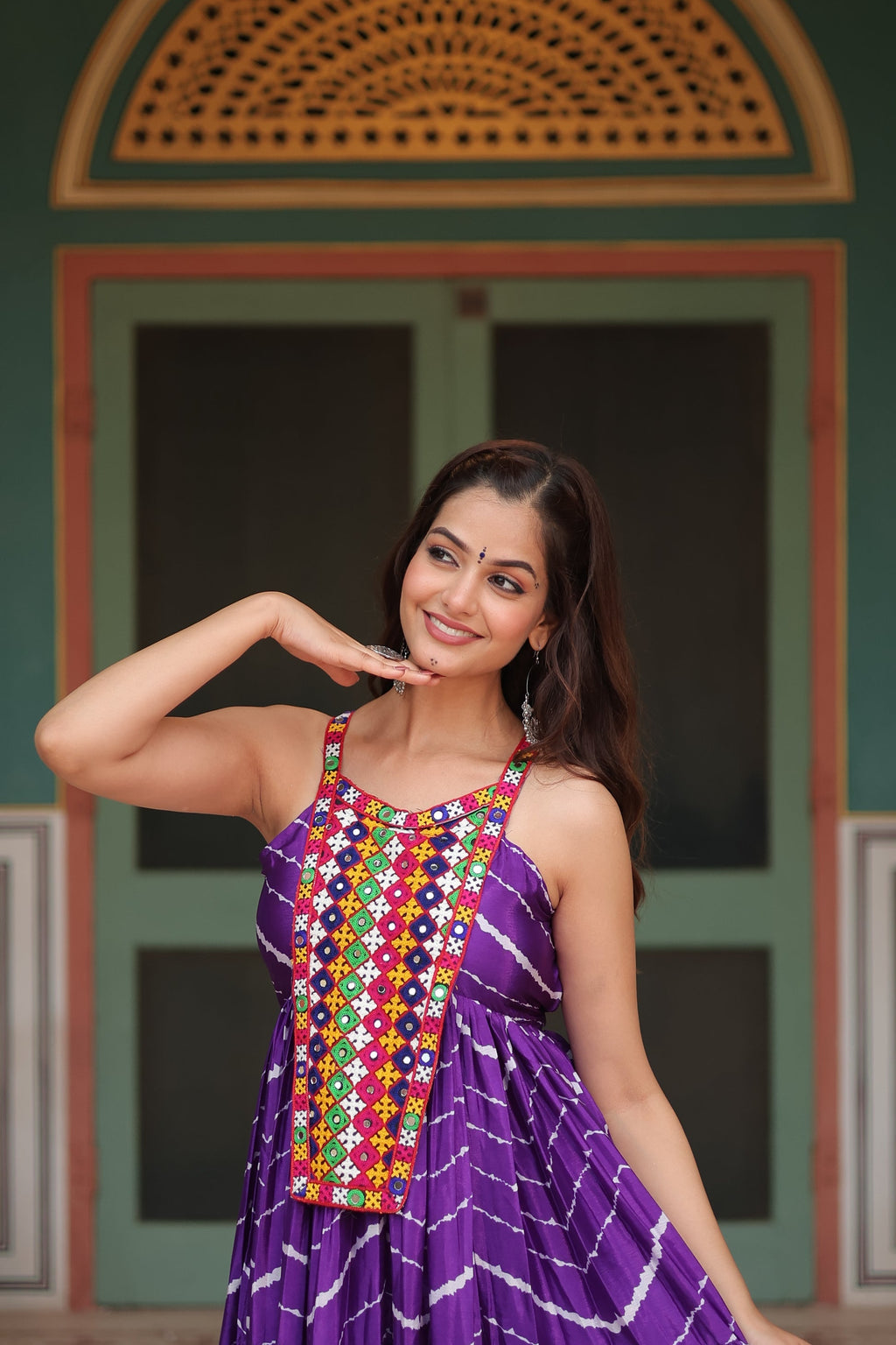 Purple leheriya print chinon Vandana designer sleeveless gown