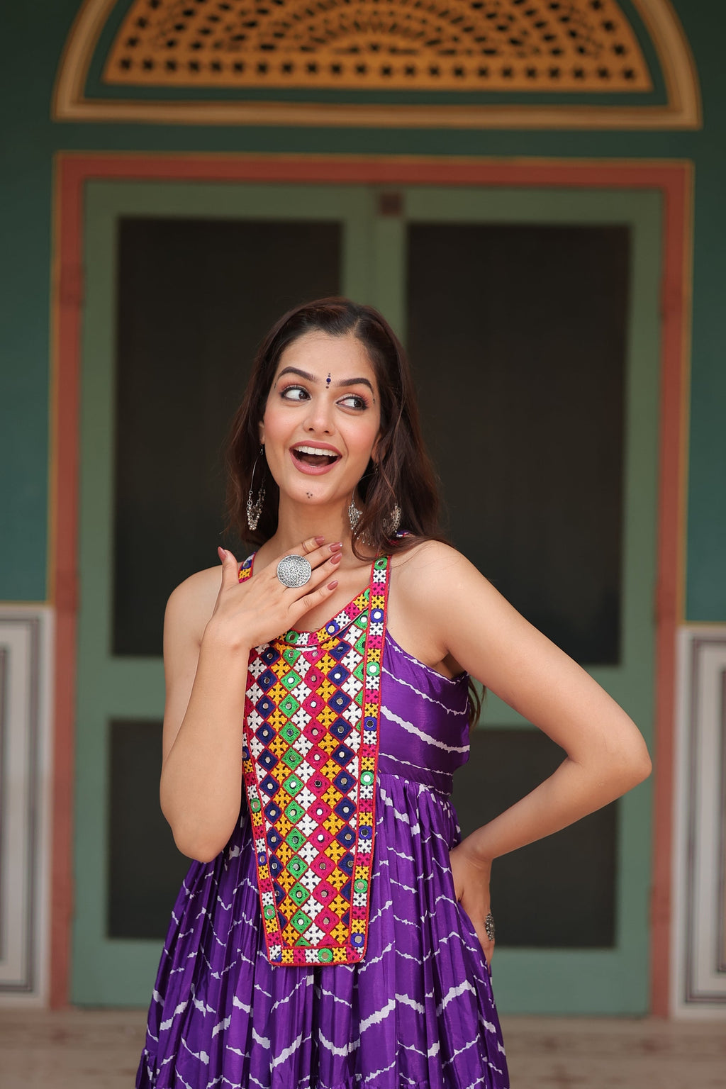 Purple leheriya print chinon Vandana designer sleeveless gown