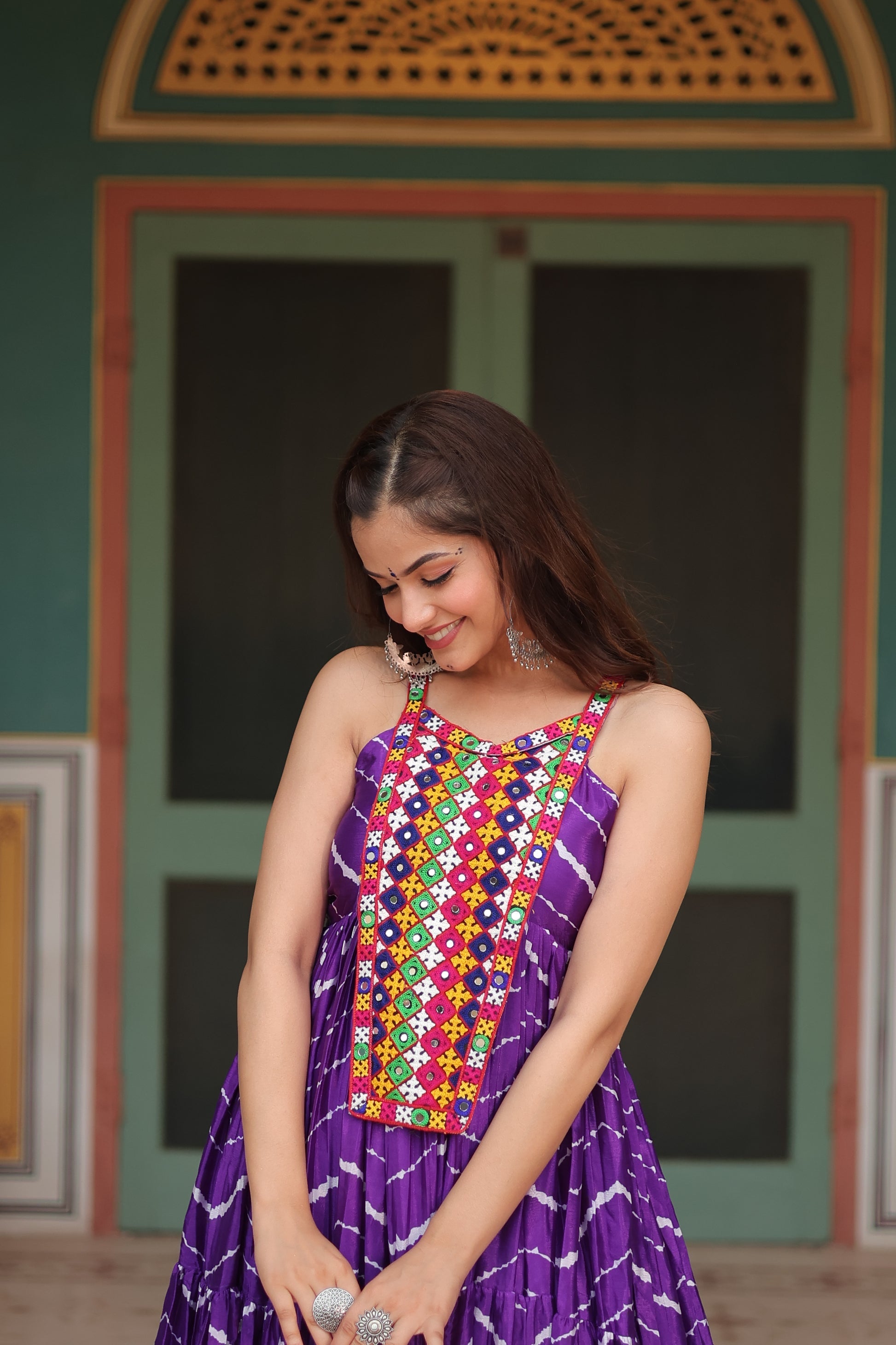 Purple leheriya print chinon Vandana designer sleeveless gown