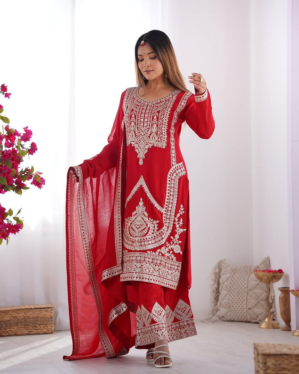 Varnisha Silk Red Kurti Plazzo Set