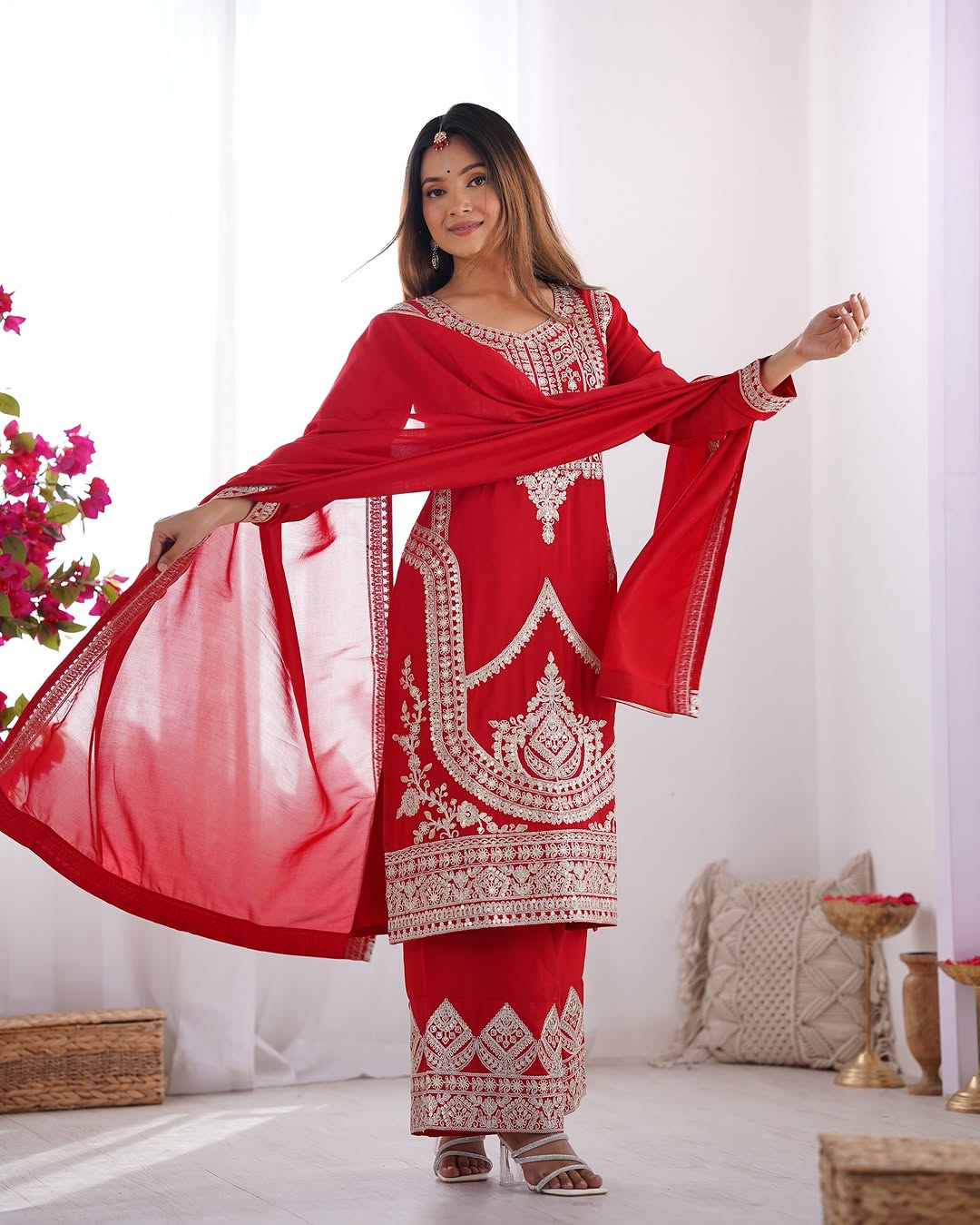 Varnisha Silk Red Kurti Plazzo Set