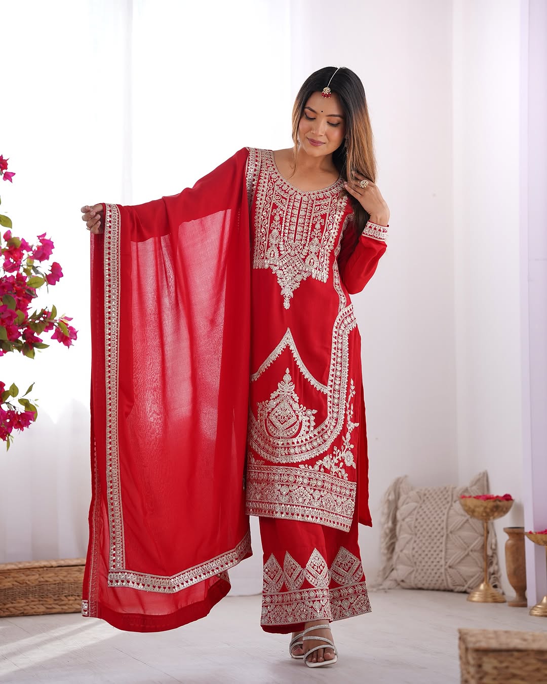 Varnisha Silk Red Kurti Plazzo Set