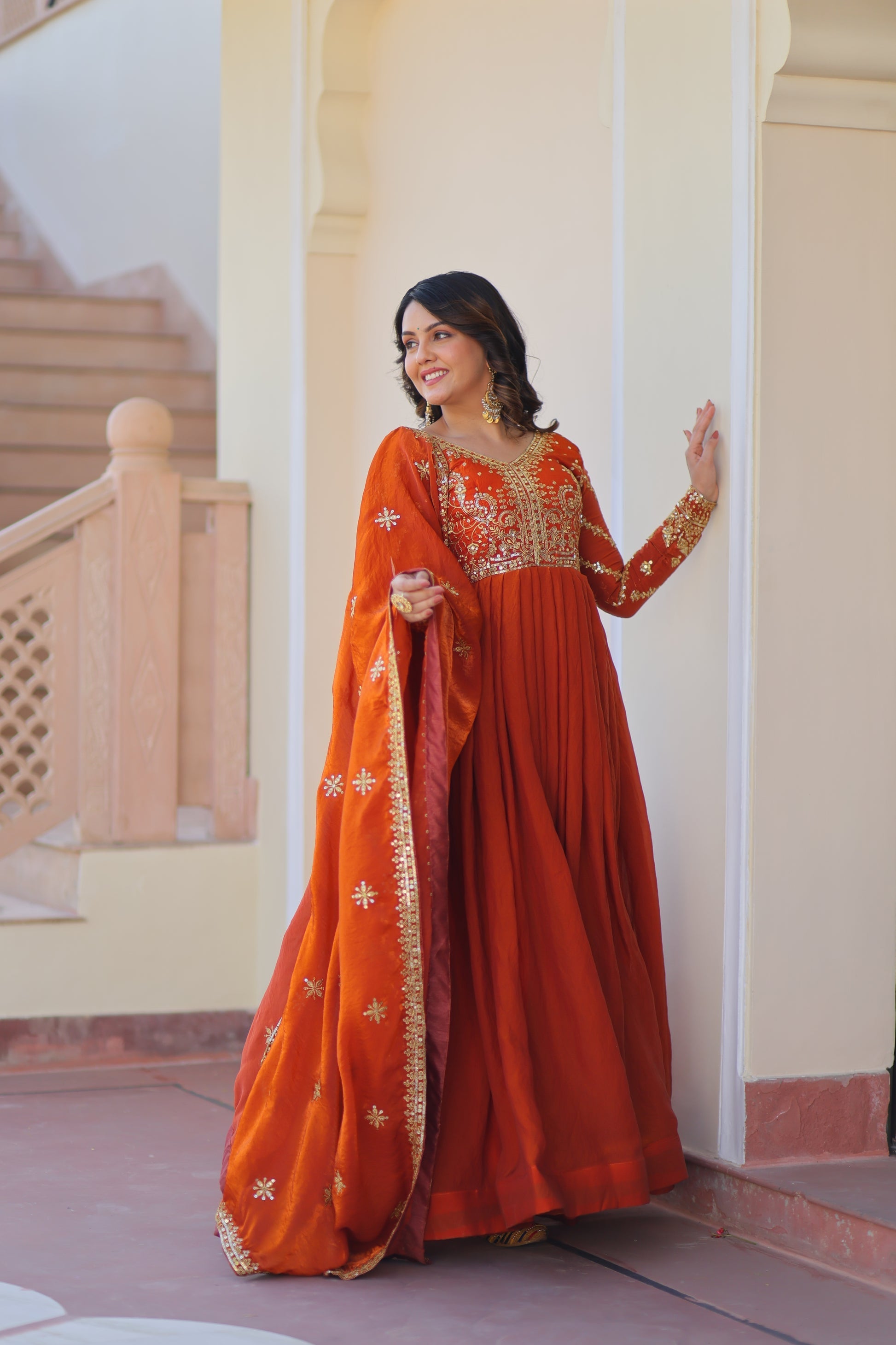 Varnita Orange Fendy Silk Embroidered Gown