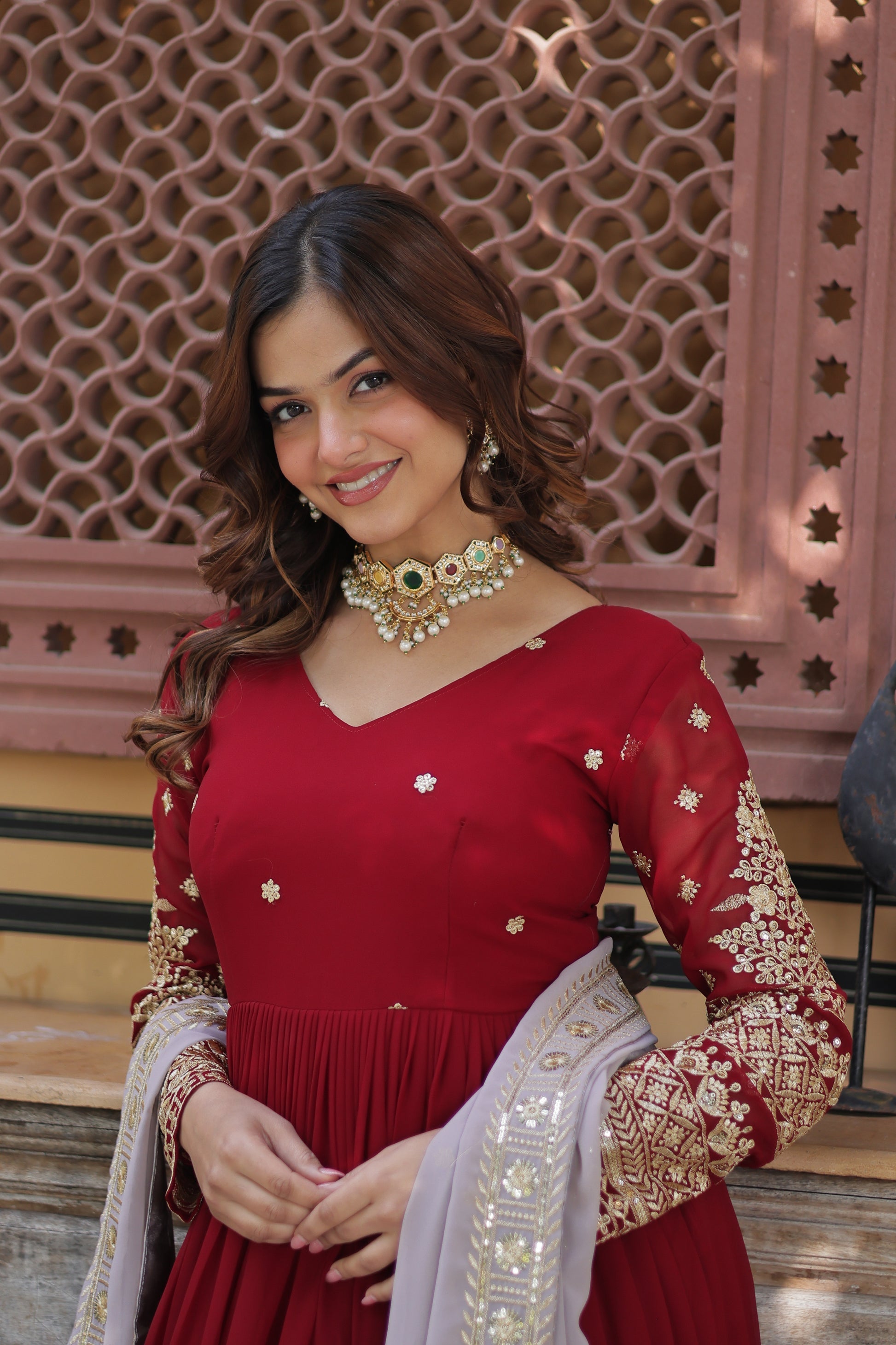Varshini red embroidered anarkali gown set
