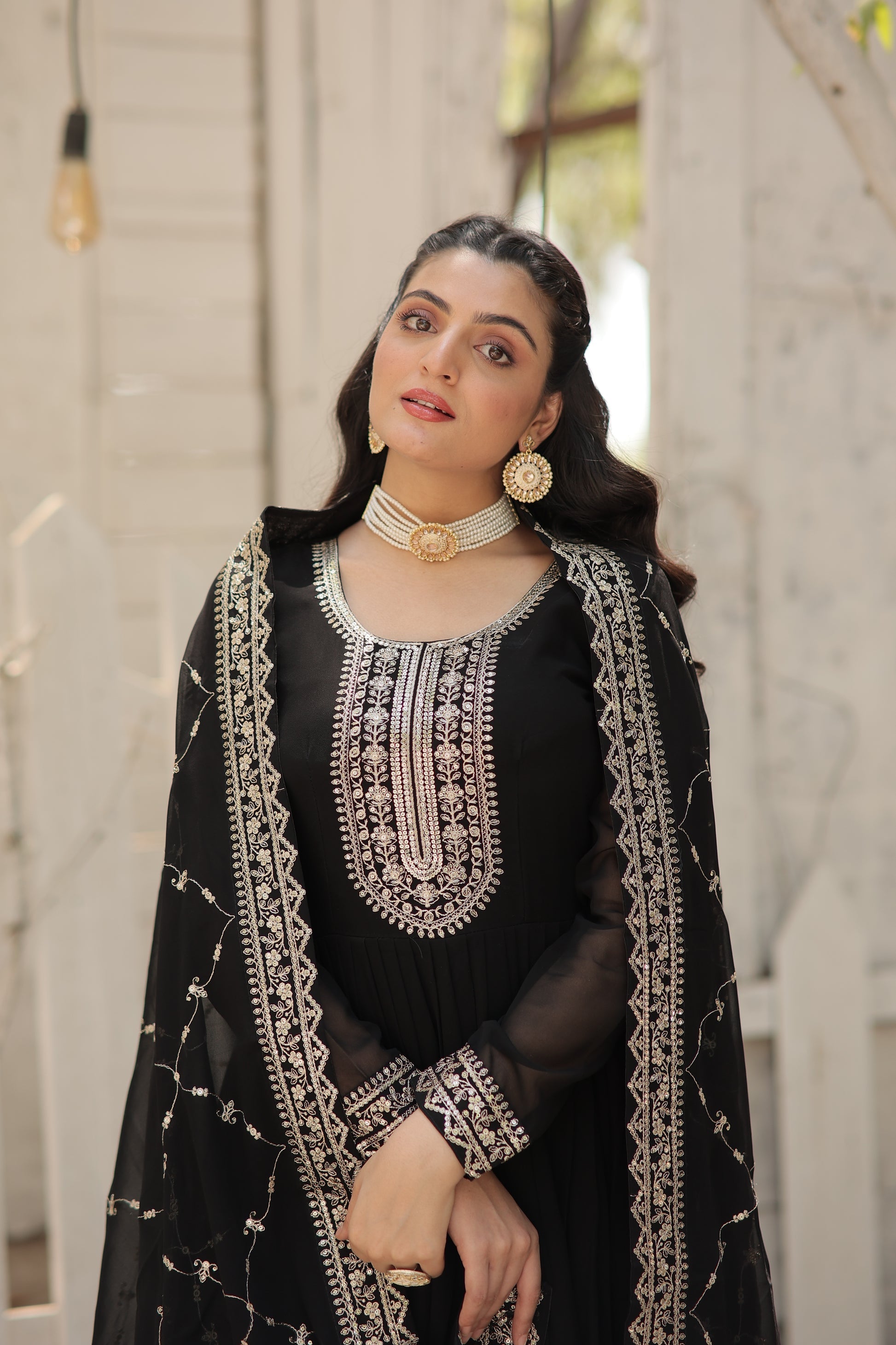 Vasundhara black faux blooming Anarkali gown suit set