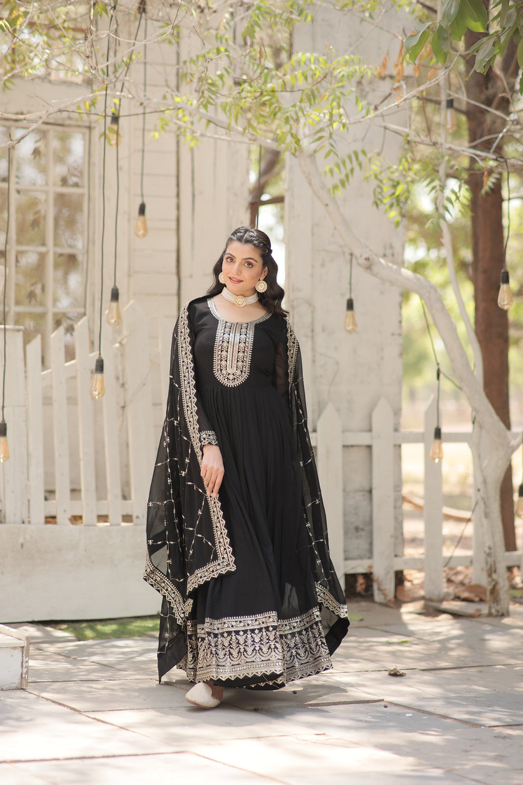 Vasundhara black faux blooming Anarkali gown suit set