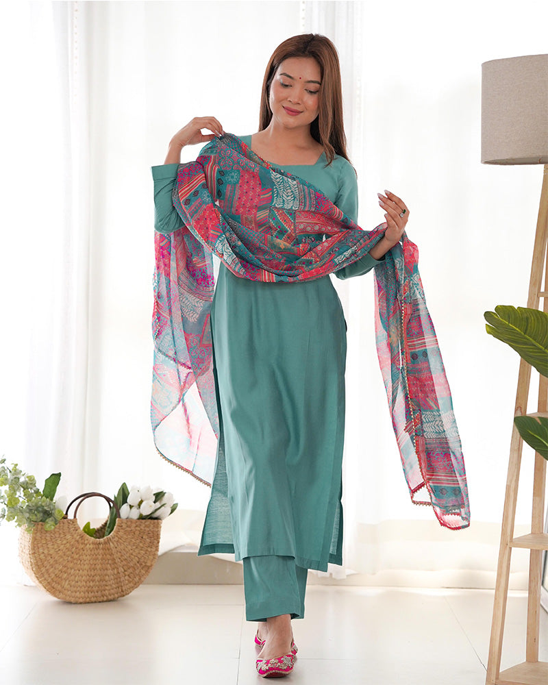 Teal viscose Vedanya designer straight kurti suit