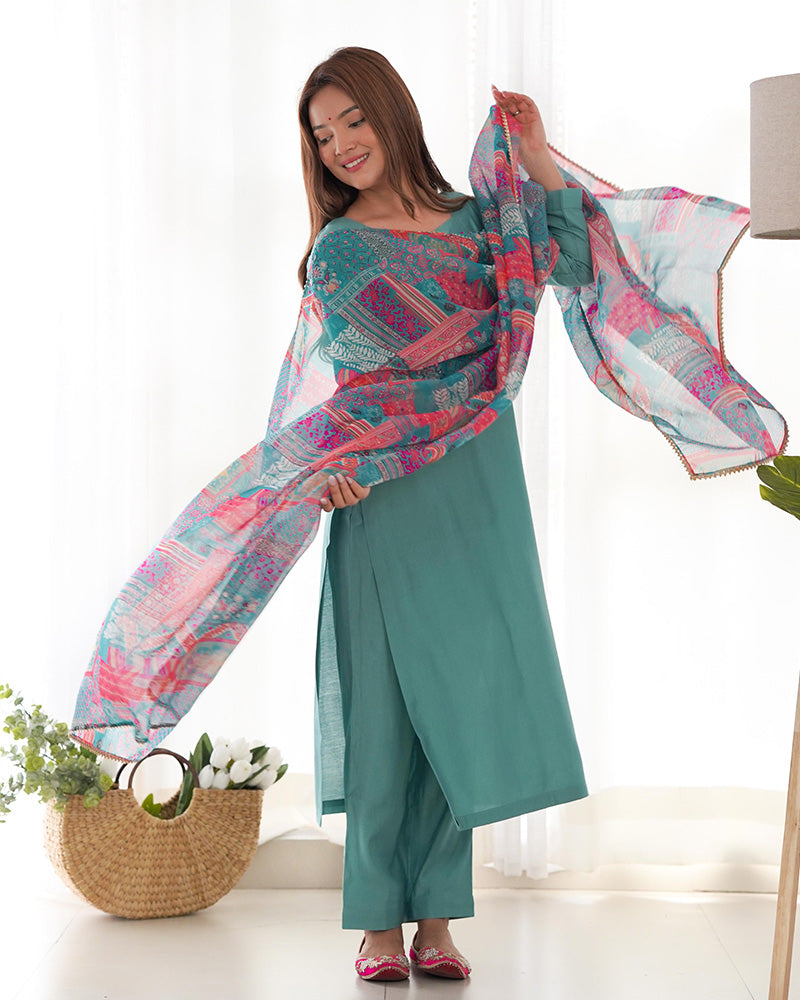 Teal viscose Vedanya designer straight kurti suit