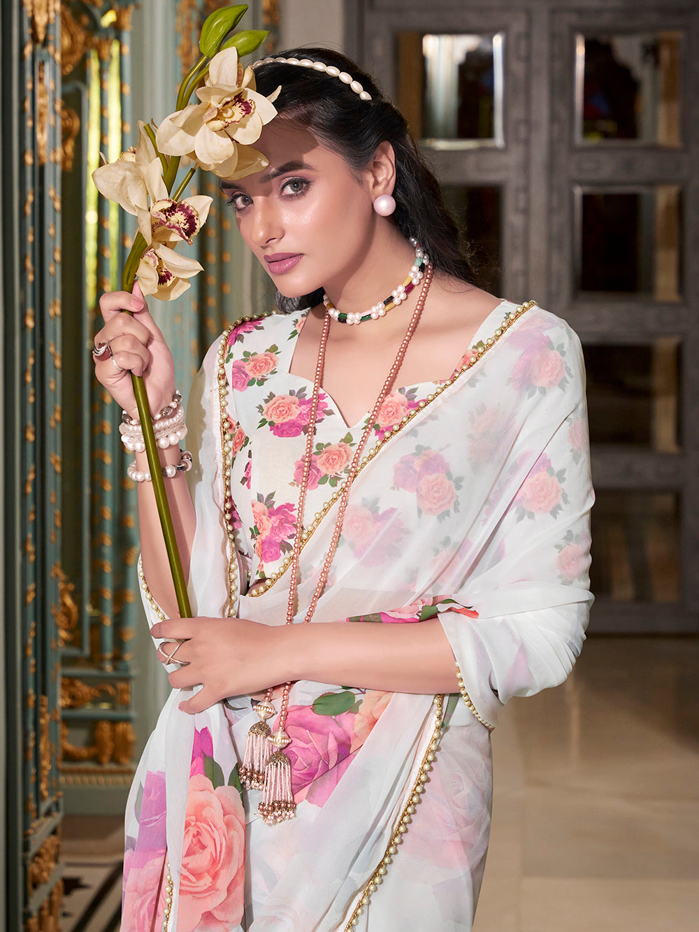 White Georgette Printed Saree with Pearl Lace Border  