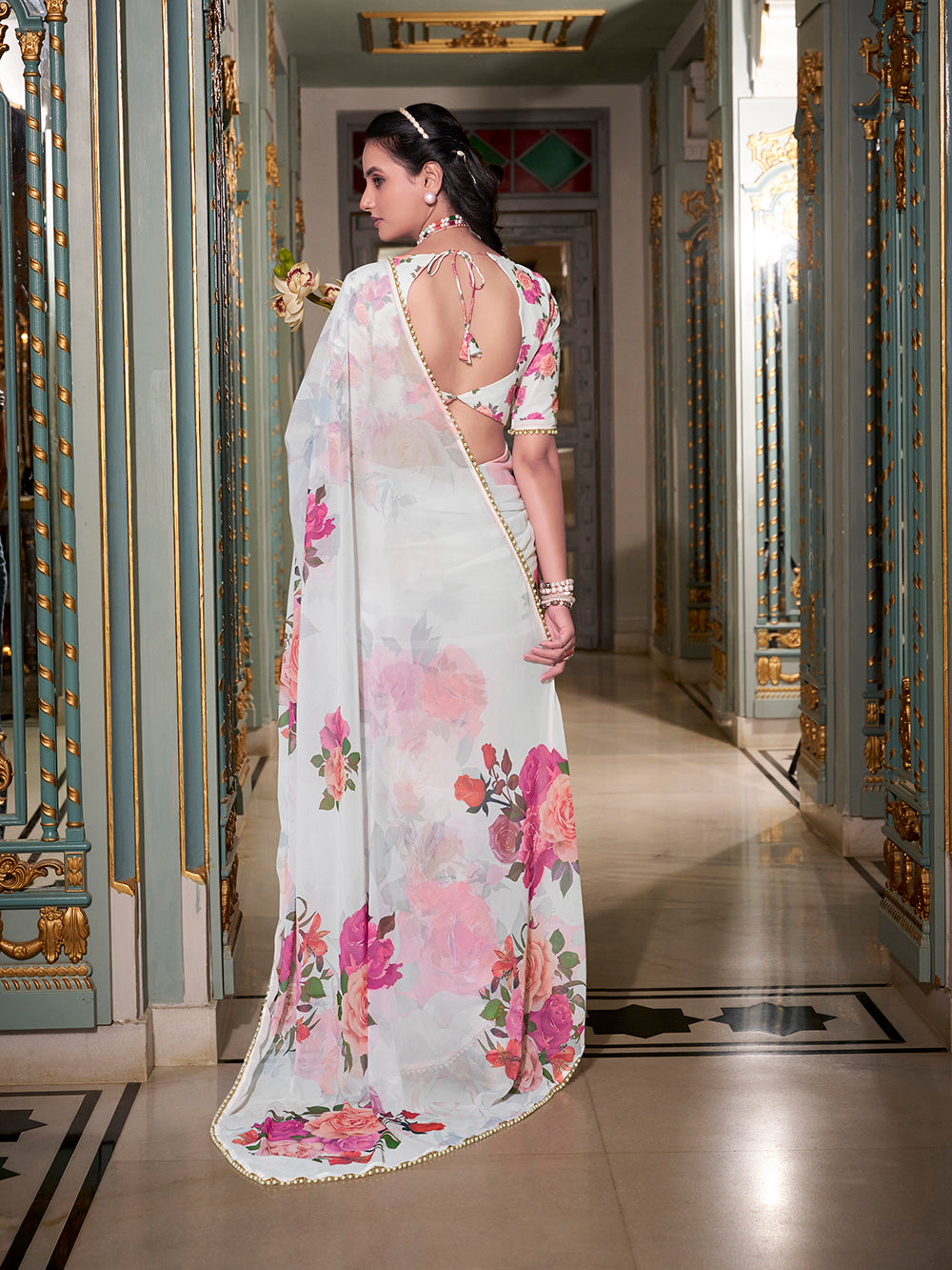 White Georgette Printed Saree with Pearl Lace Border  