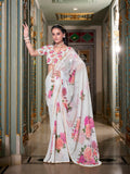 White Georgette Printed Saree with Pearl Lace Border  