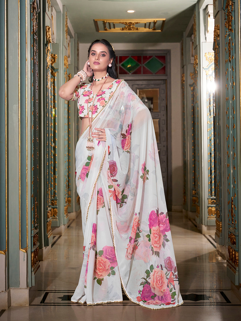 White Georgette Printed Saree with Pearl Lace Border  