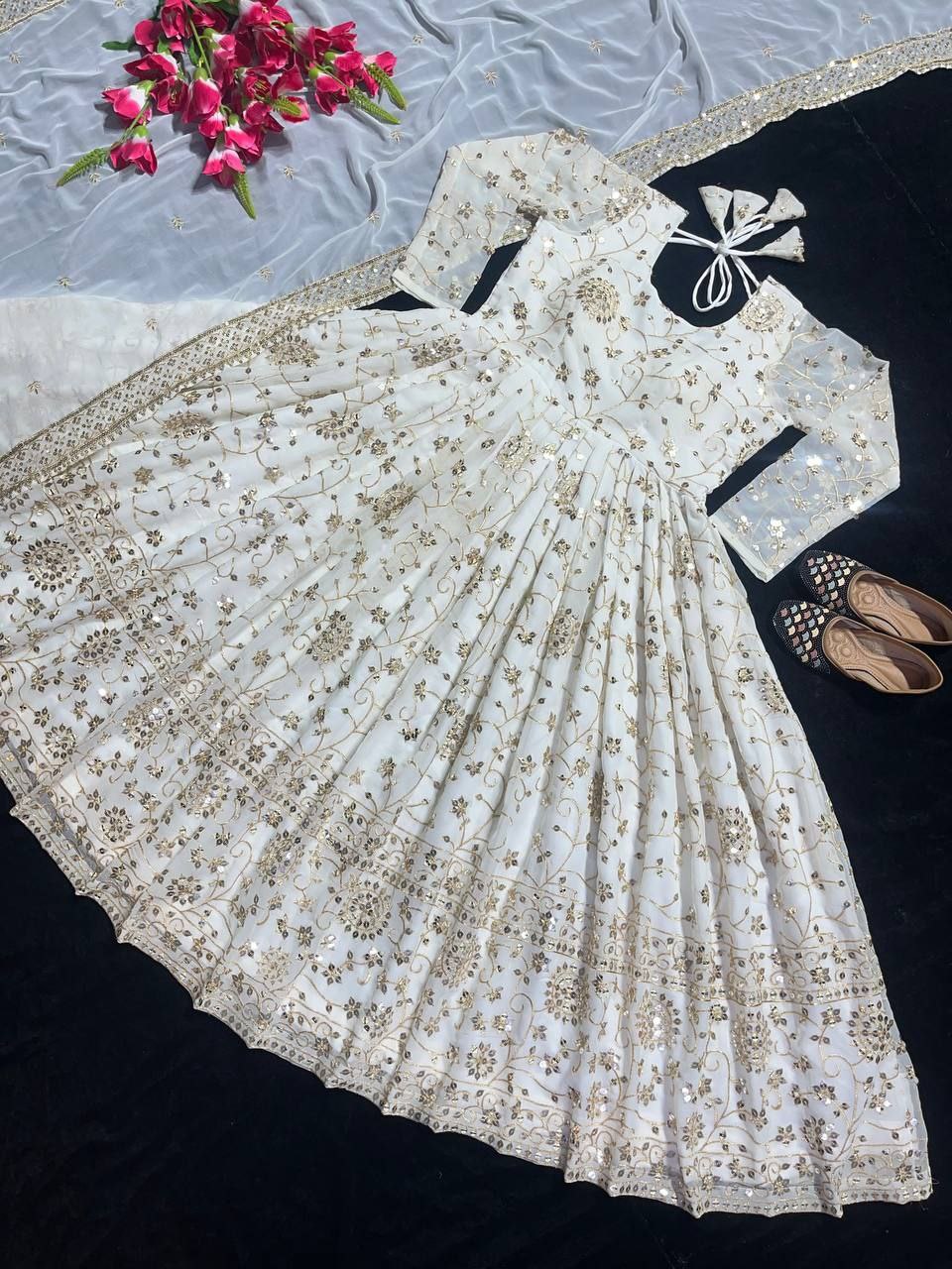 White princess anarkali suit set with golden embroidery
