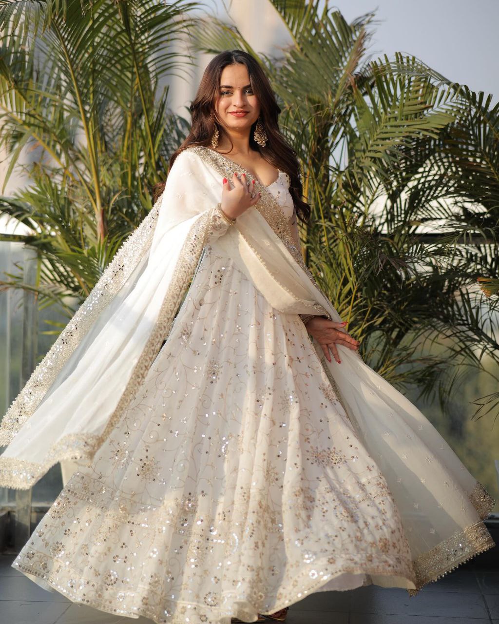 White princess anarkali suit set with golden embroidery