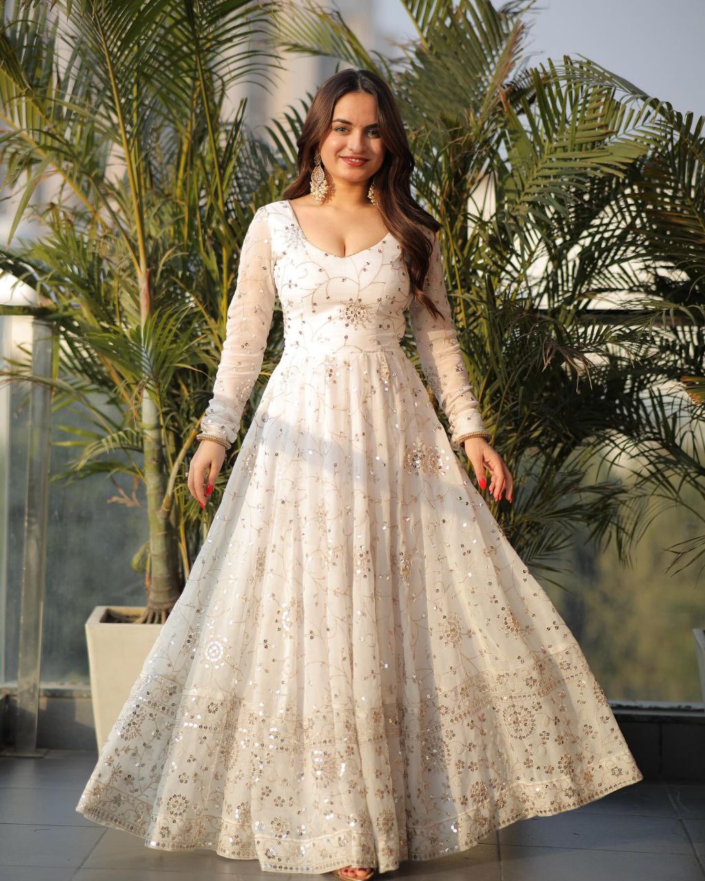 White princess anarkali suit set with golden embroidery