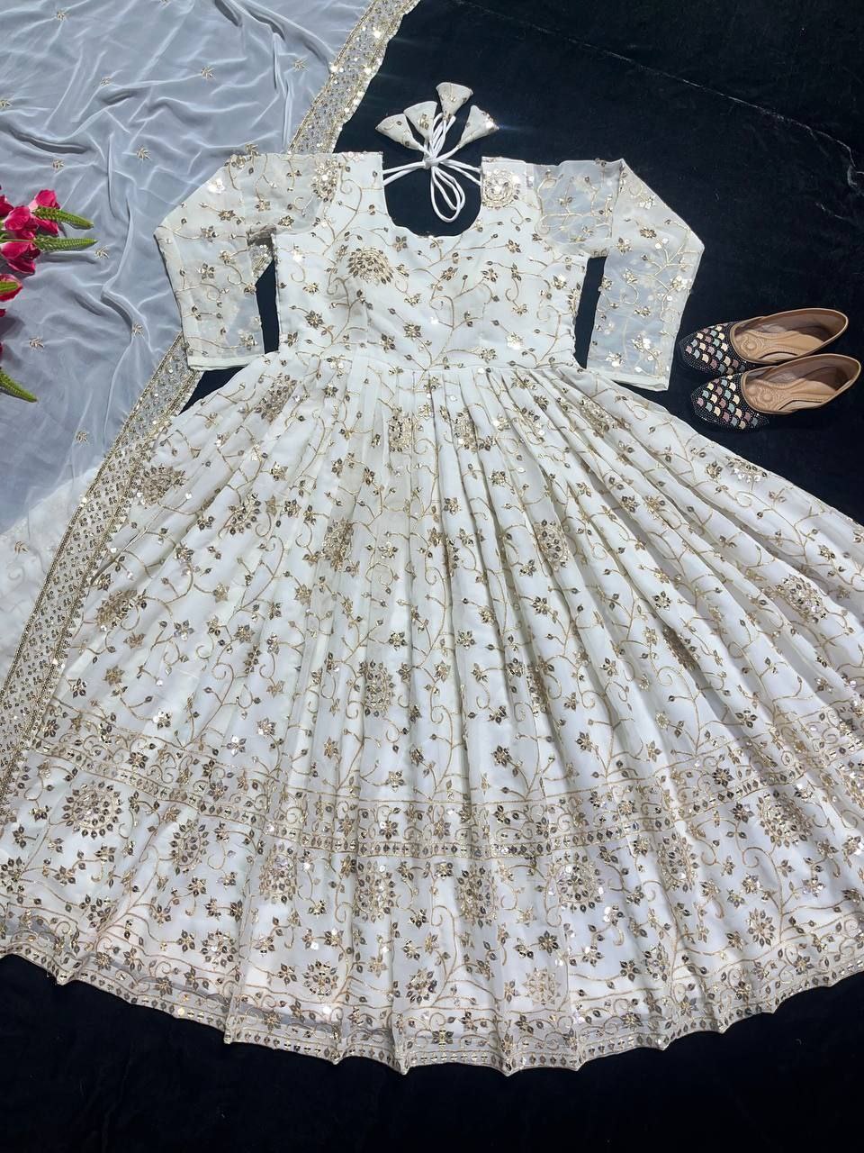 White princess anarkali suit set with golden embroidery