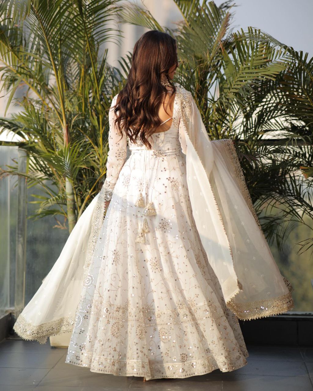White princess anarkali suit set with golden embroidery