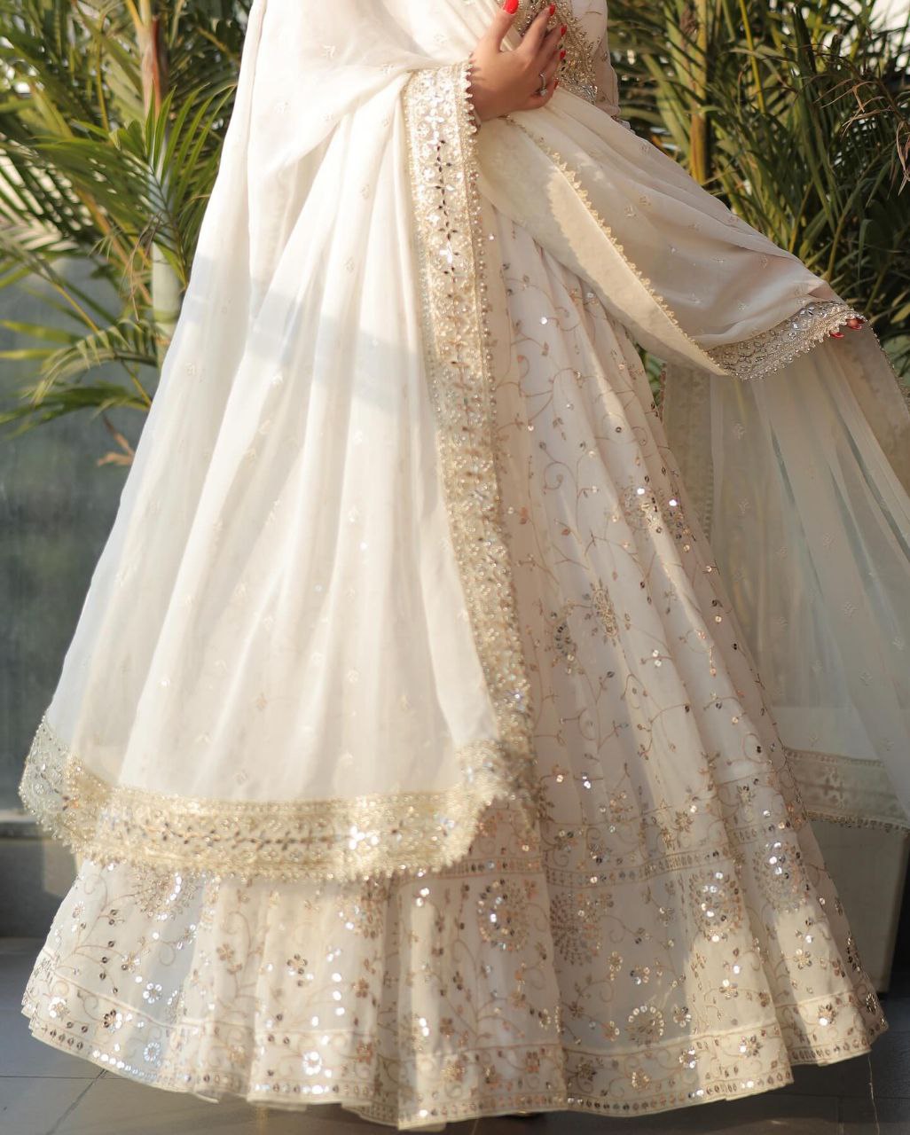 White princess anarkali suit set with golden embroidery