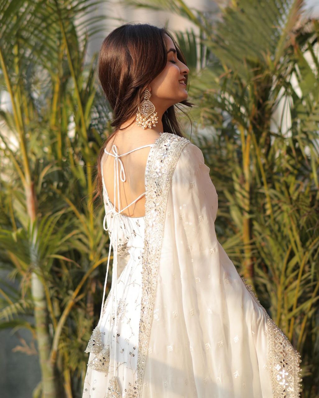 White princess anarkali suit set with golden embroidery