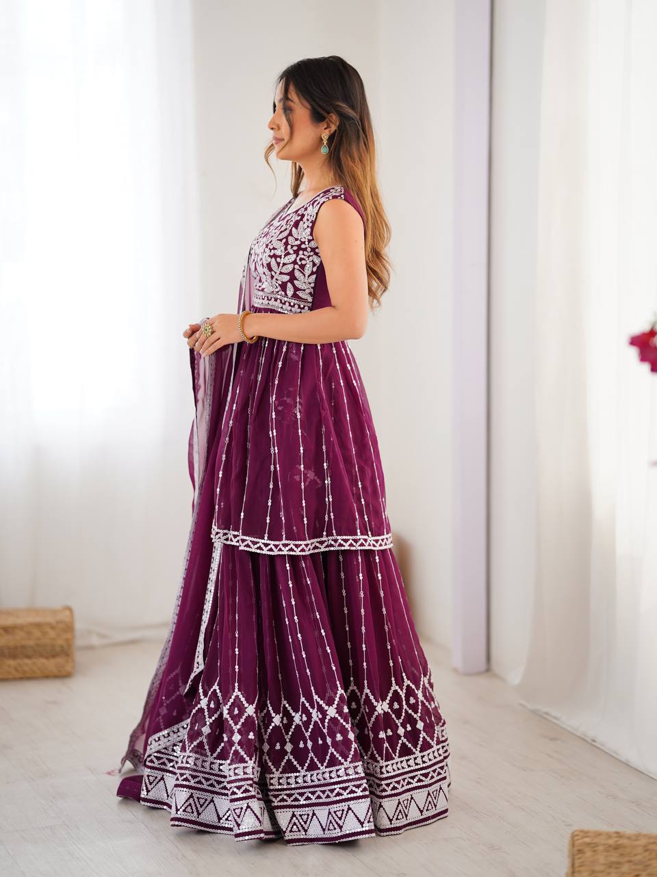Wine coloured georgette sequin embroidered lehenga with top