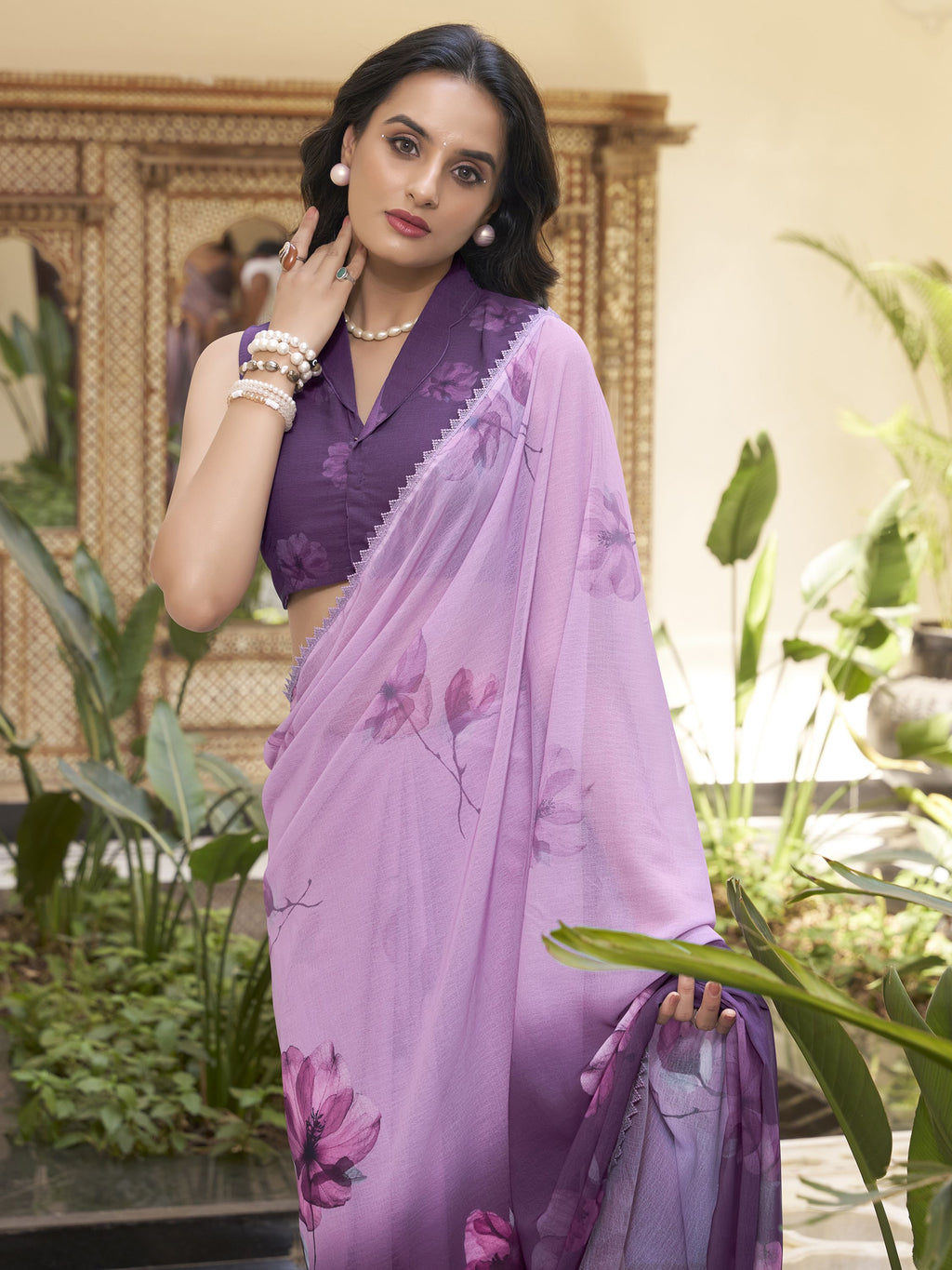 Wine mauve ombre marble saree with floral print and lace border