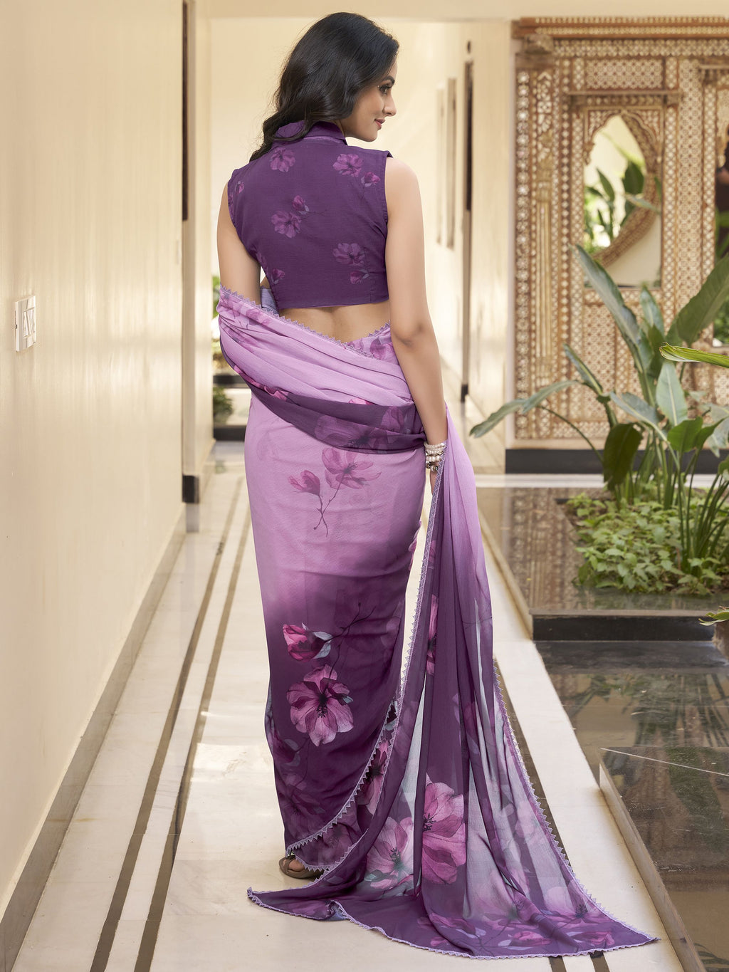Wine mauve ombre marble saree with floral print and lace border