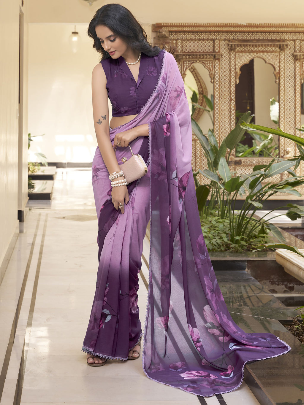 Wine mauve ombre marble saree with floral print and lace border