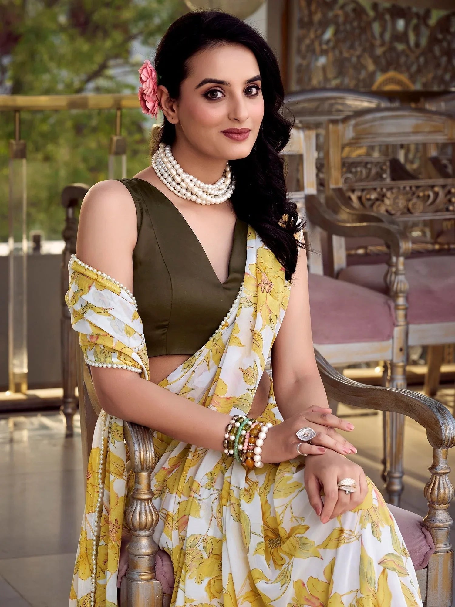 Yellow chiffon floral print pearl lace border saree with blouse