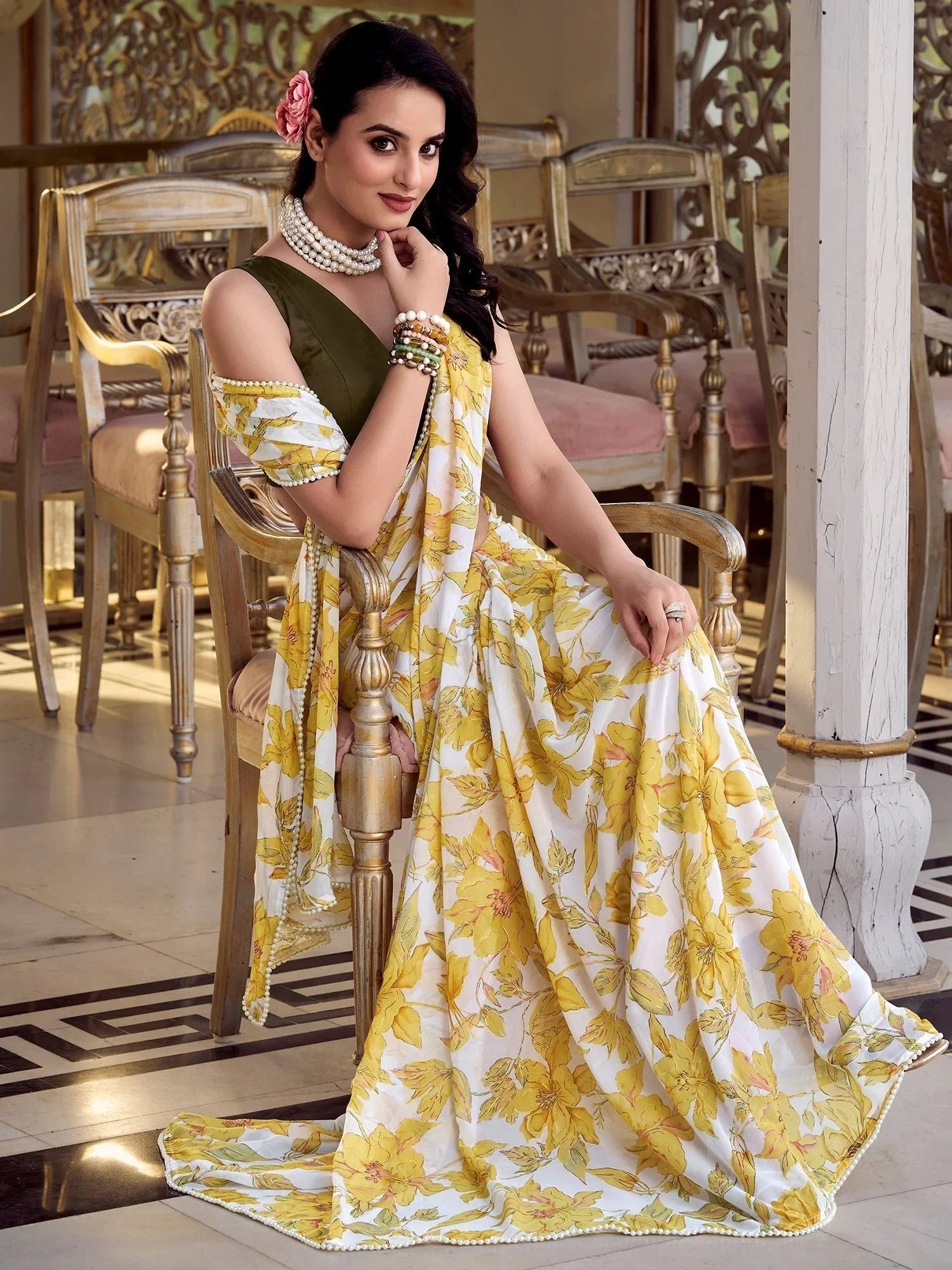Yellow chiffon floral print pearl lace border saree with blouse