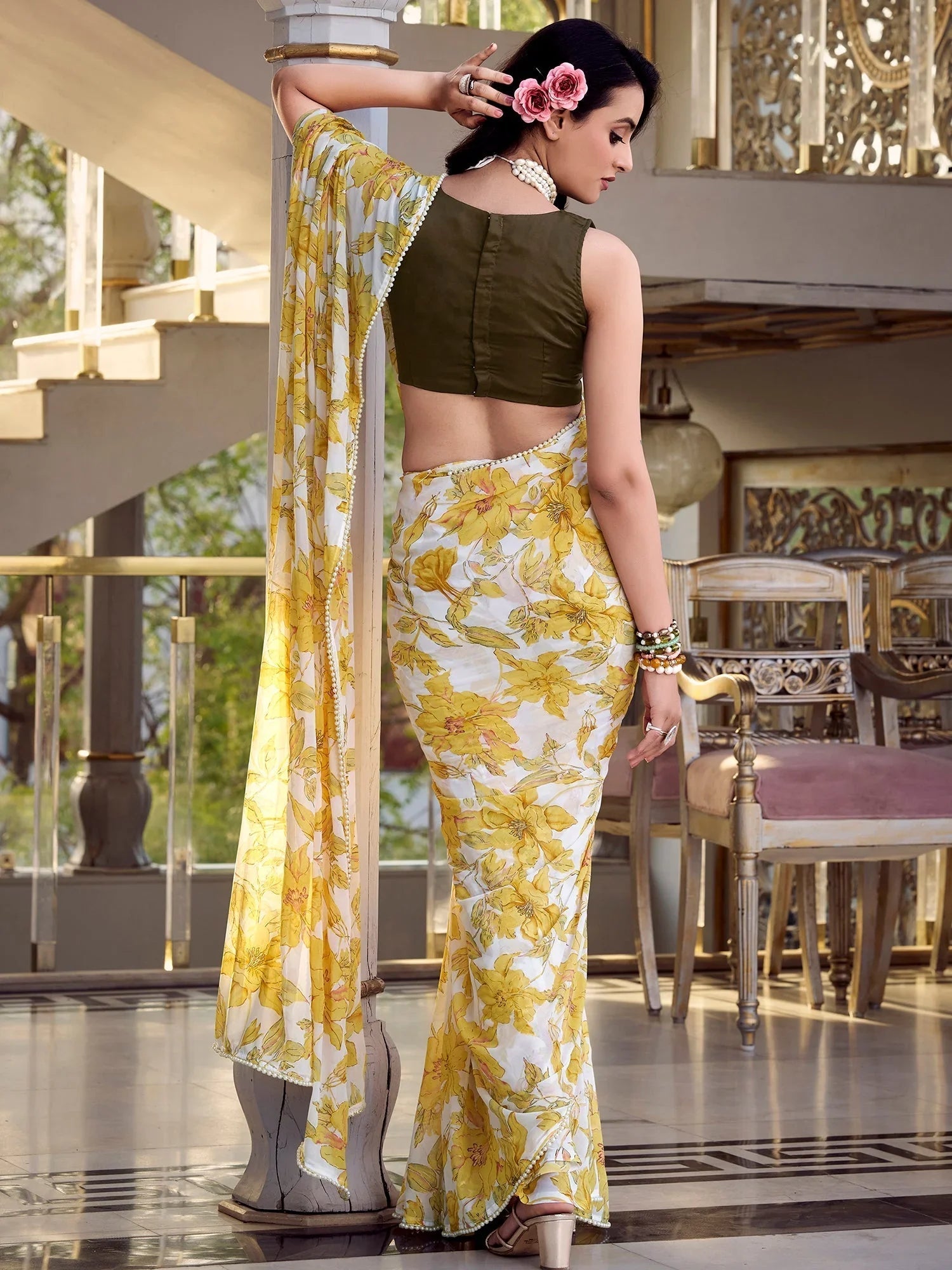 Yellow chiffon floral print pearl lace border saree with blouse