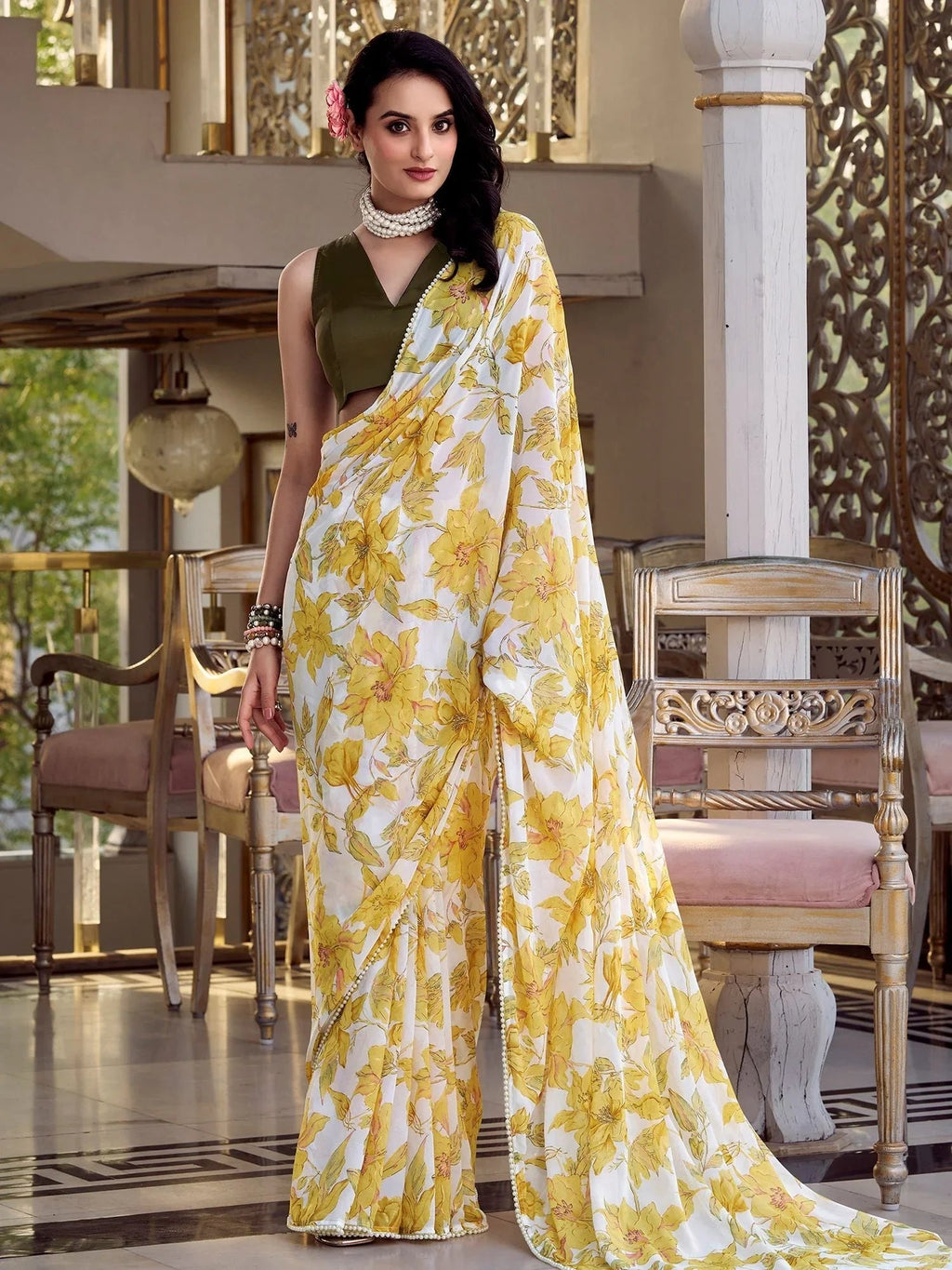 Yellow chiffon floral print pearl lace border saree with blouse
