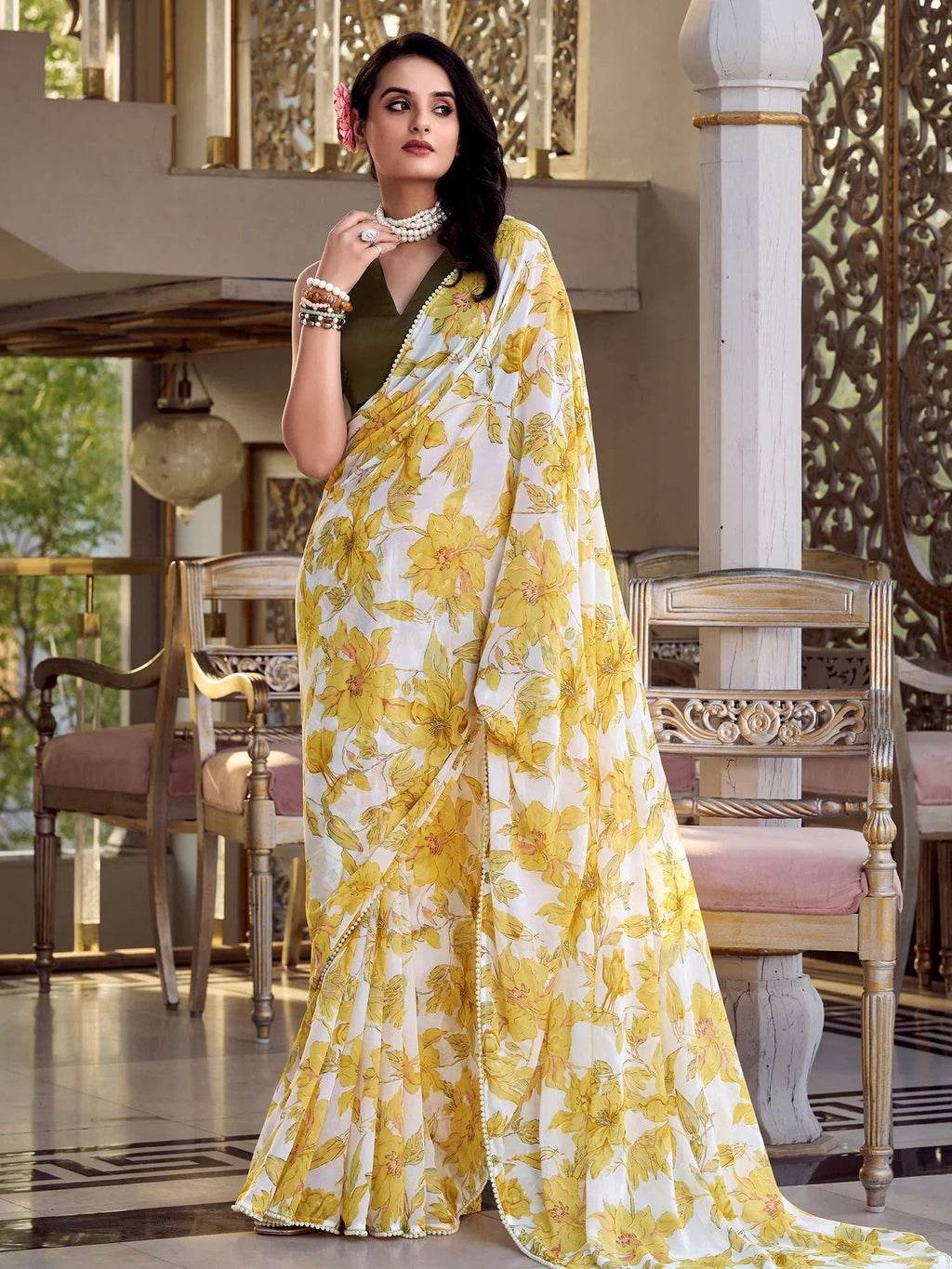 Yellow chiffon floral print pearl lace border saree with blouse