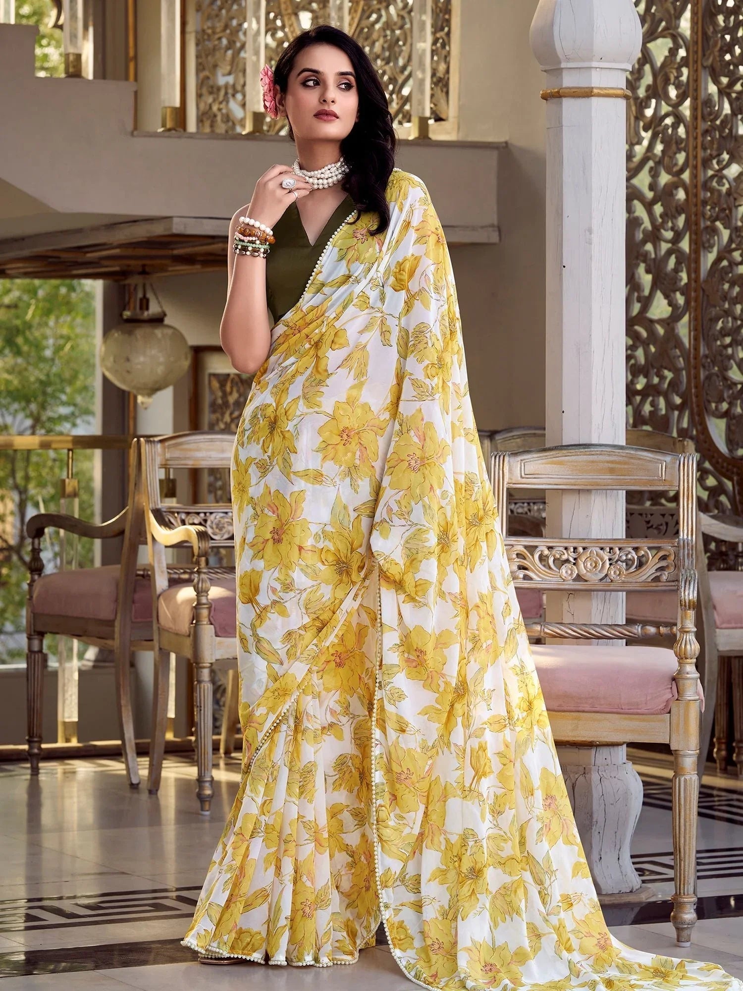 Yellow chiffon floral print pearl lace border saree with blouse