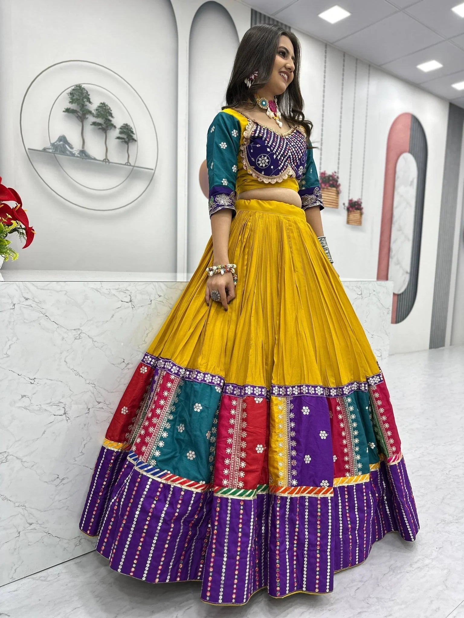 Yellow pure cotton embroidered sequins work lehenga choli with dupatta