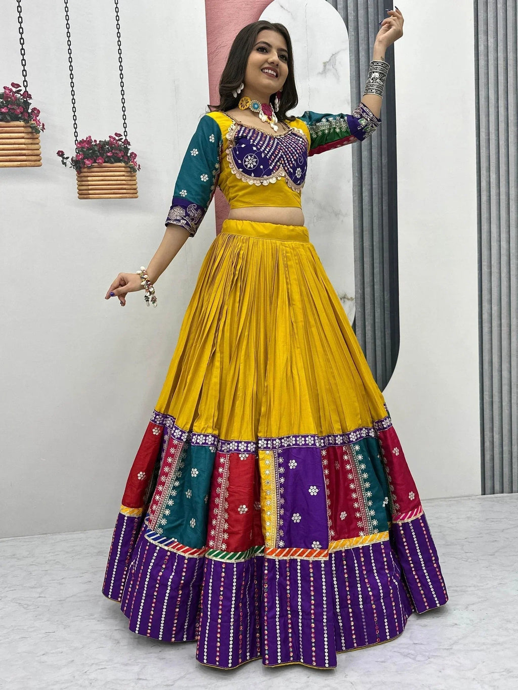 Yellow pure cotton embroidered sequins work lehenga choli with dupatta
