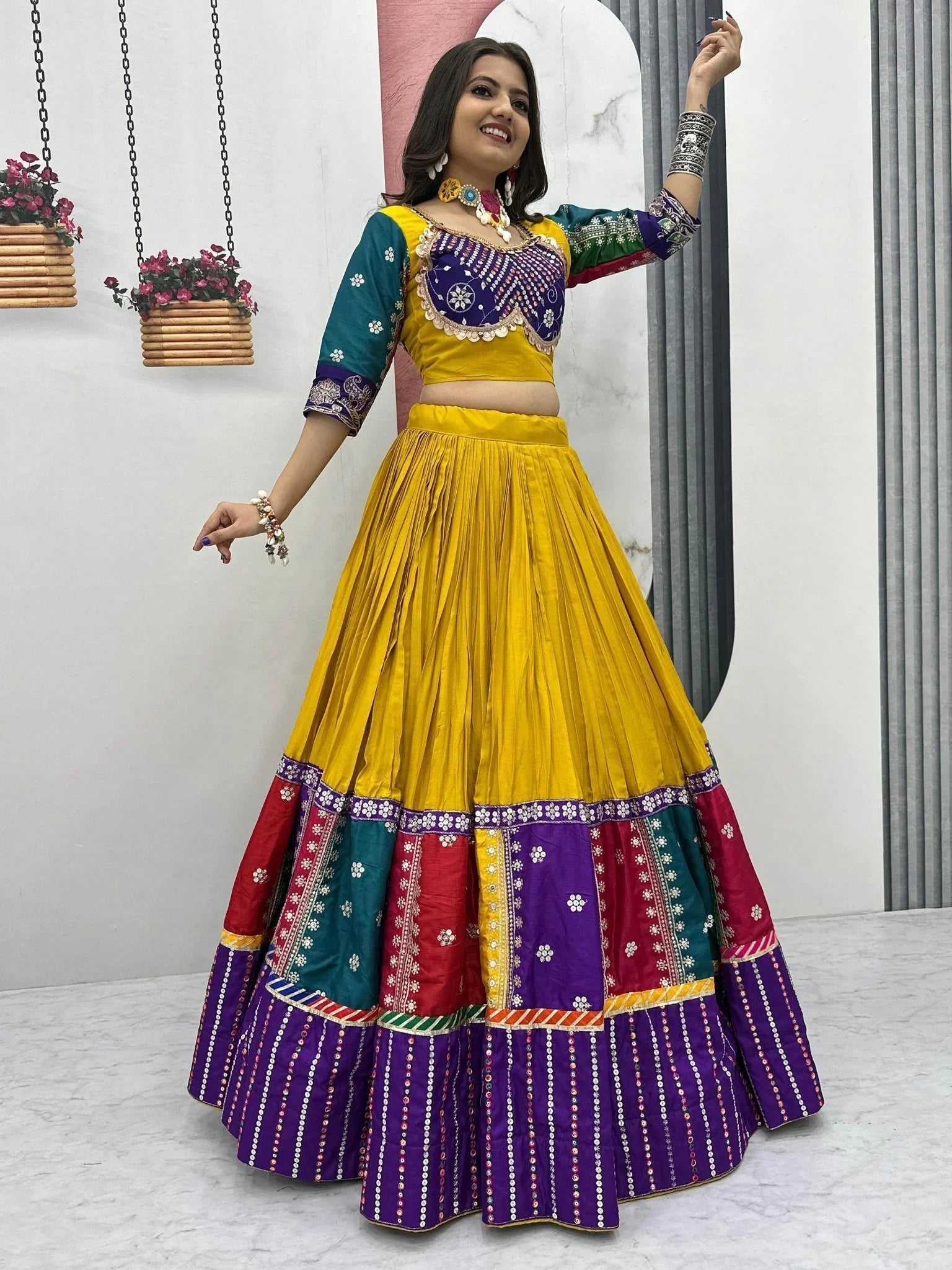 Yellow pure cotton embroidered sequins work lehenga choli with dupatta