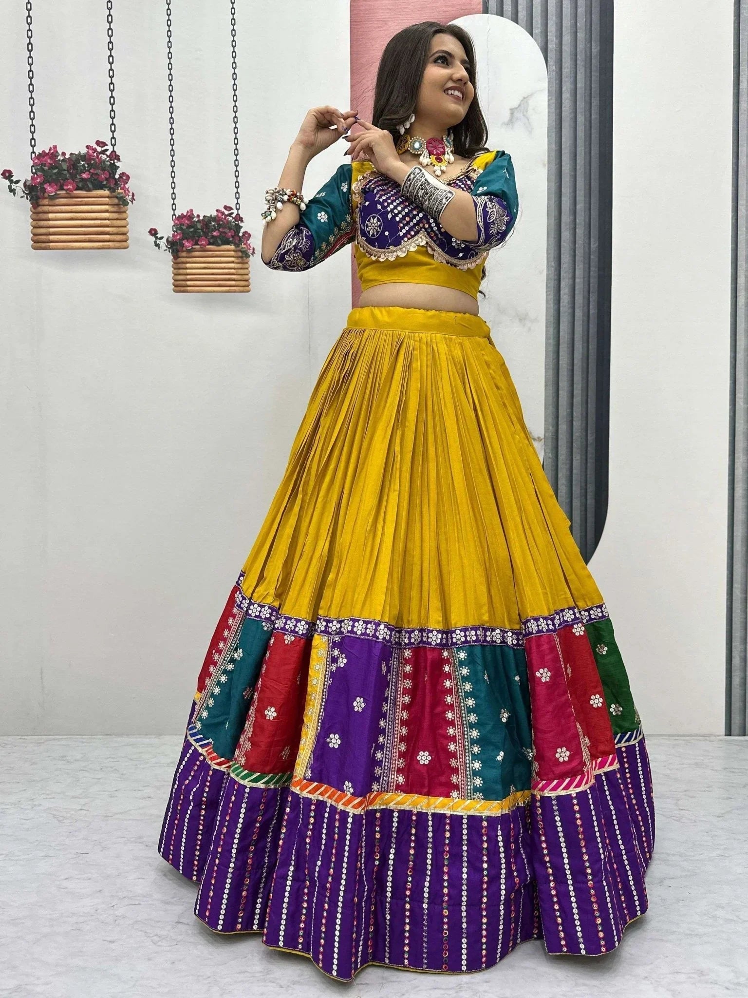 Yellow pure cotton embroidered sequins work lehenga choli with dupatta