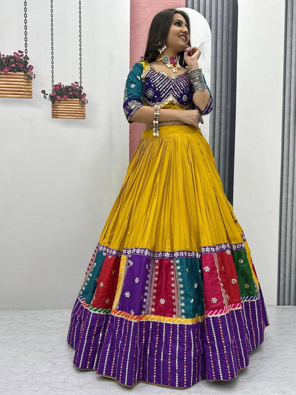 Yellow pure cotton embroidered sequins work lehenga choli with dupatta