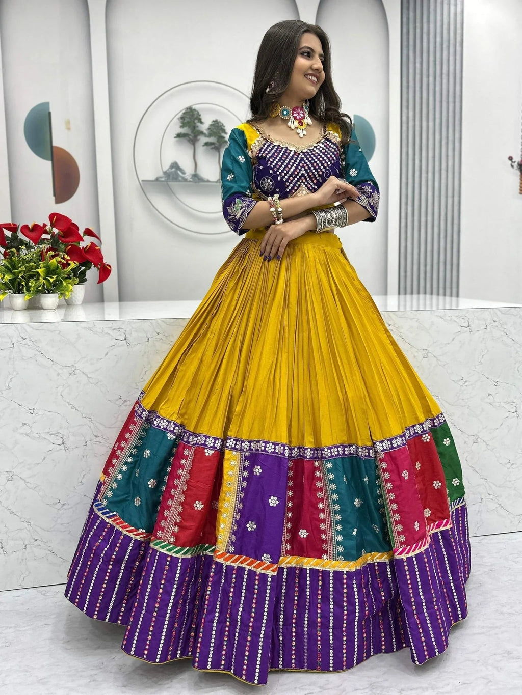 Yellow pure cotton embroidered sequins work lehenga choli with dupatta