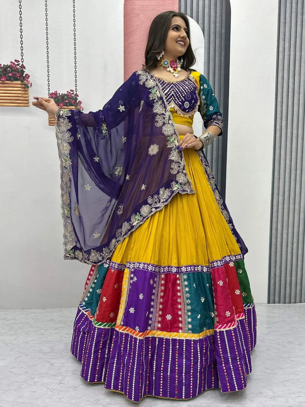 Yellow pure cotton embroidered sequins work lehenga choli with dupatta