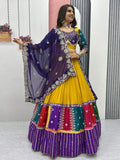 Yellow pure cotton embroidered sequins work lehenga choli with dupatta