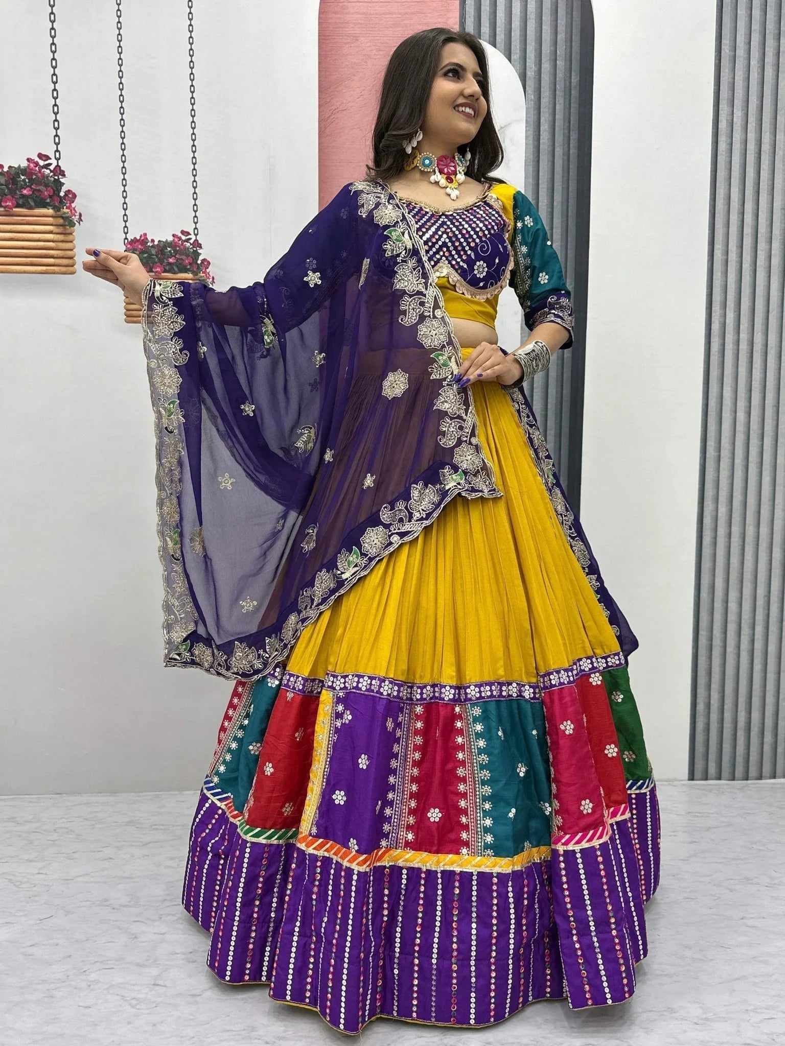Yellow pure cotton embroidered sequins work lehenga choli with dupatta