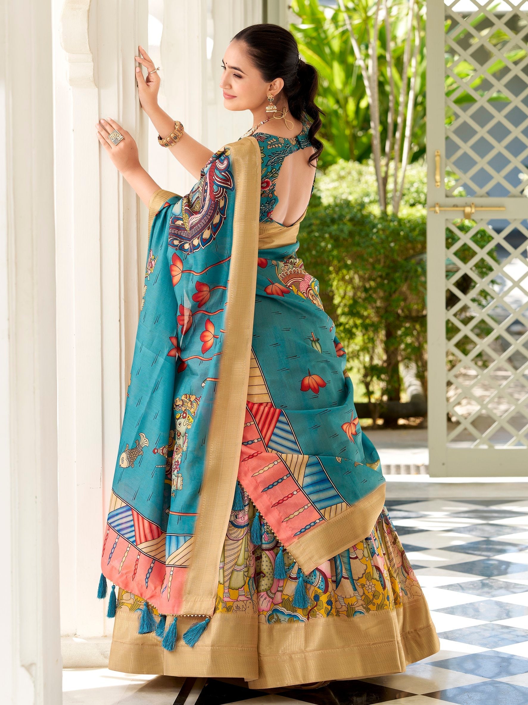 Yellow dola silk kalamkari printed lehenga choli with dupatta